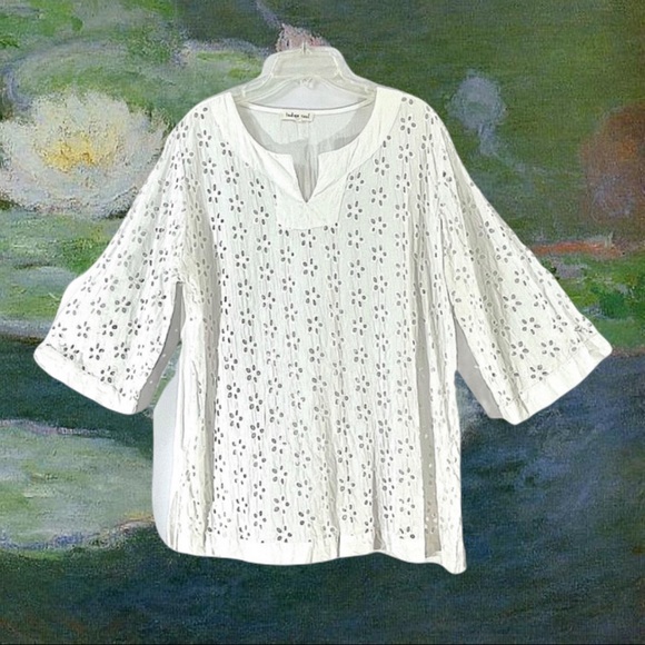 INDIGO SOUL white eyelet boho bell sleeve top EX L - Picture 4 of 11